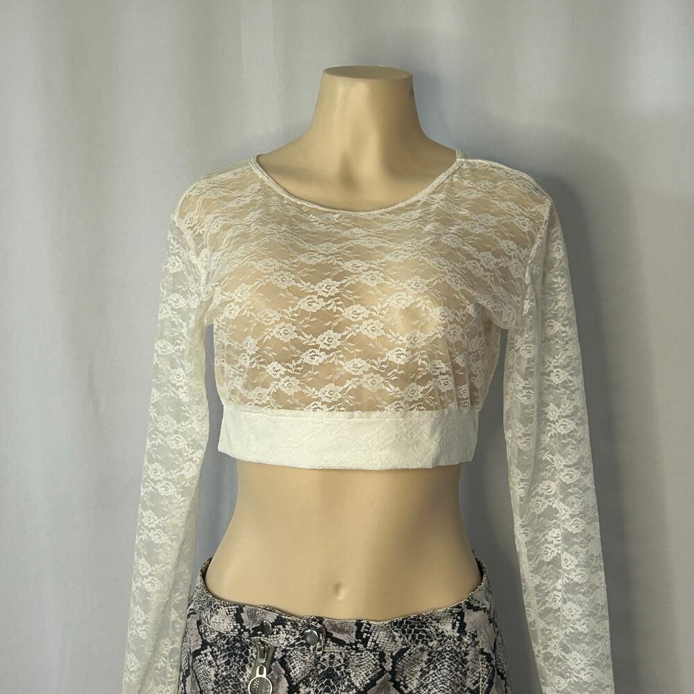 CW Classics Sheer Lace Crop Top White Long Sleeve Y2K Coquette Layering